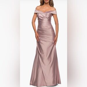 La Femme Off-Shoulder Satin Maxi Gown in champagne size 14